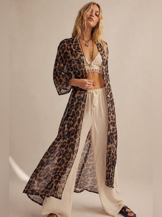 Undefined Other - Leopard Print Sheer Duster Kimono Cardigan Tie Waist Boho Festival Large